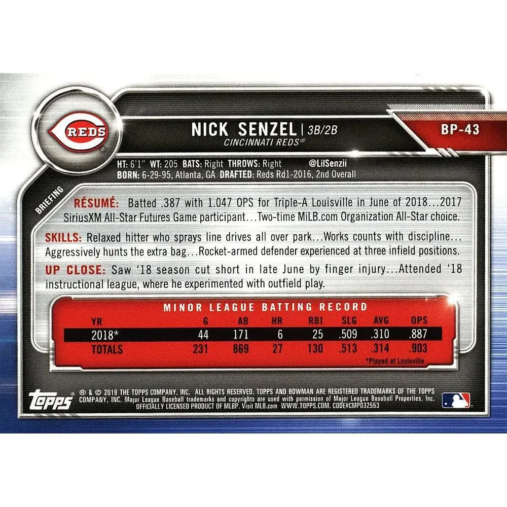 2019 Bowman Prospects Nick Senzel #BP-43 Cincinnati Reds